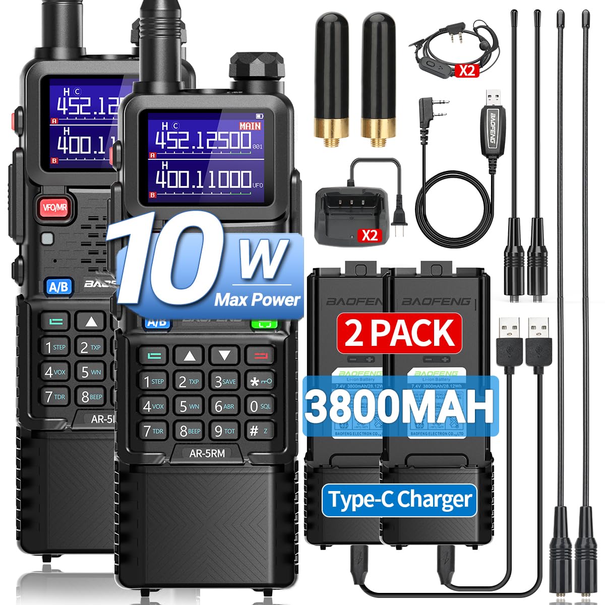 Ham Radio Baofeng Radio Long Range 10W AR-5RM FM Radio Handheld Two Way Radio NOAA Weather Radio DTMF Walkie Talkies Copy Frequency 999CH USB-C Charger 3800mAh Battery Survival Gear(2 Pack)