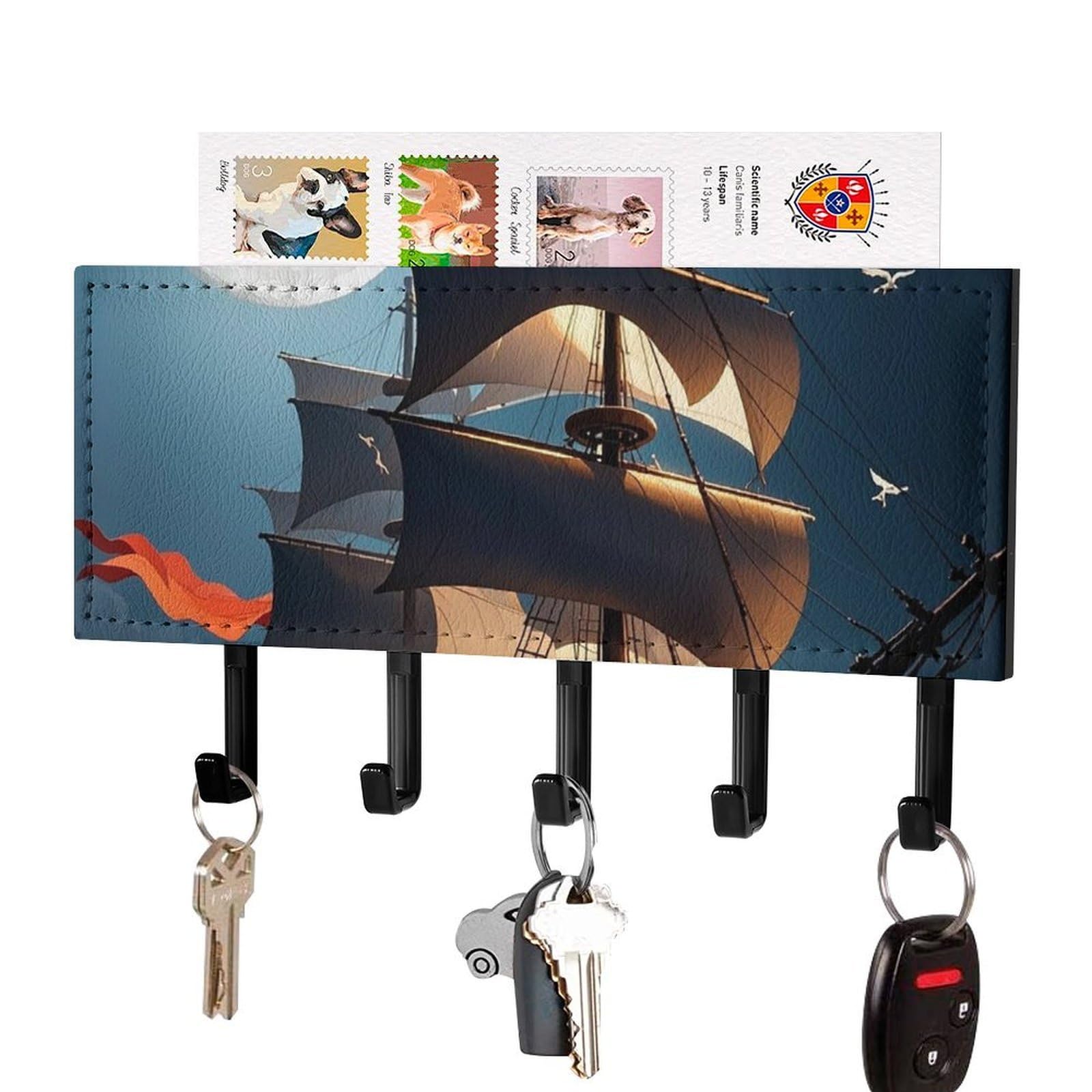 Fekiloot Black-Style Pirate Sailboat Full Moon Key Holder Wall Mount Key Hanger With 5 Hooks Decorative Key Rack Hanging Key Hooks With Mail Organizer Key Holder For Wall Living Room Kitchen Bathroom Hallway Black