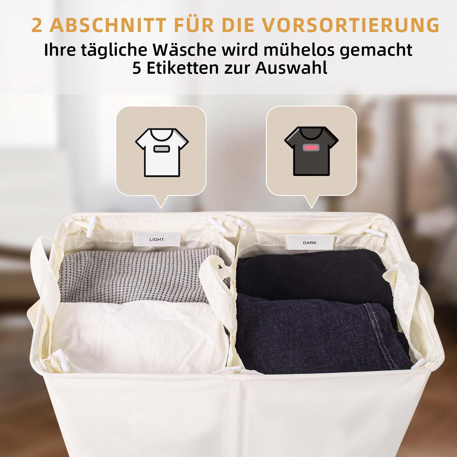 Wäschekorb mit Deckel 135L, Große Wäschesammler 2 Fächer mit Griffen, Beige | Wäschesortierer und Herausnehmbaren Wäschesäcken, Faltbarer Wäschetrenner für Badezimmer, Schlafzimmer und Waschküche