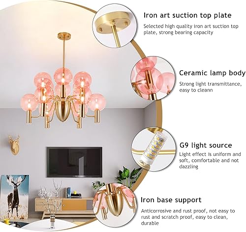 Miniatura 4 de DJAMEL Candelabro mini de cristal con 8 lámparas colgantes, pantalla de cristal rosa, para habitación de niñas, dormitorio, baño, estudio, pasillo