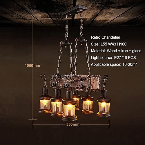 Miniatura 4 de LightInTheBox Lámpara de araña retro de granja de 6 luces, luz colgante de haz de madera industrial, pantalla de vidrio de metal, lámpara colgante