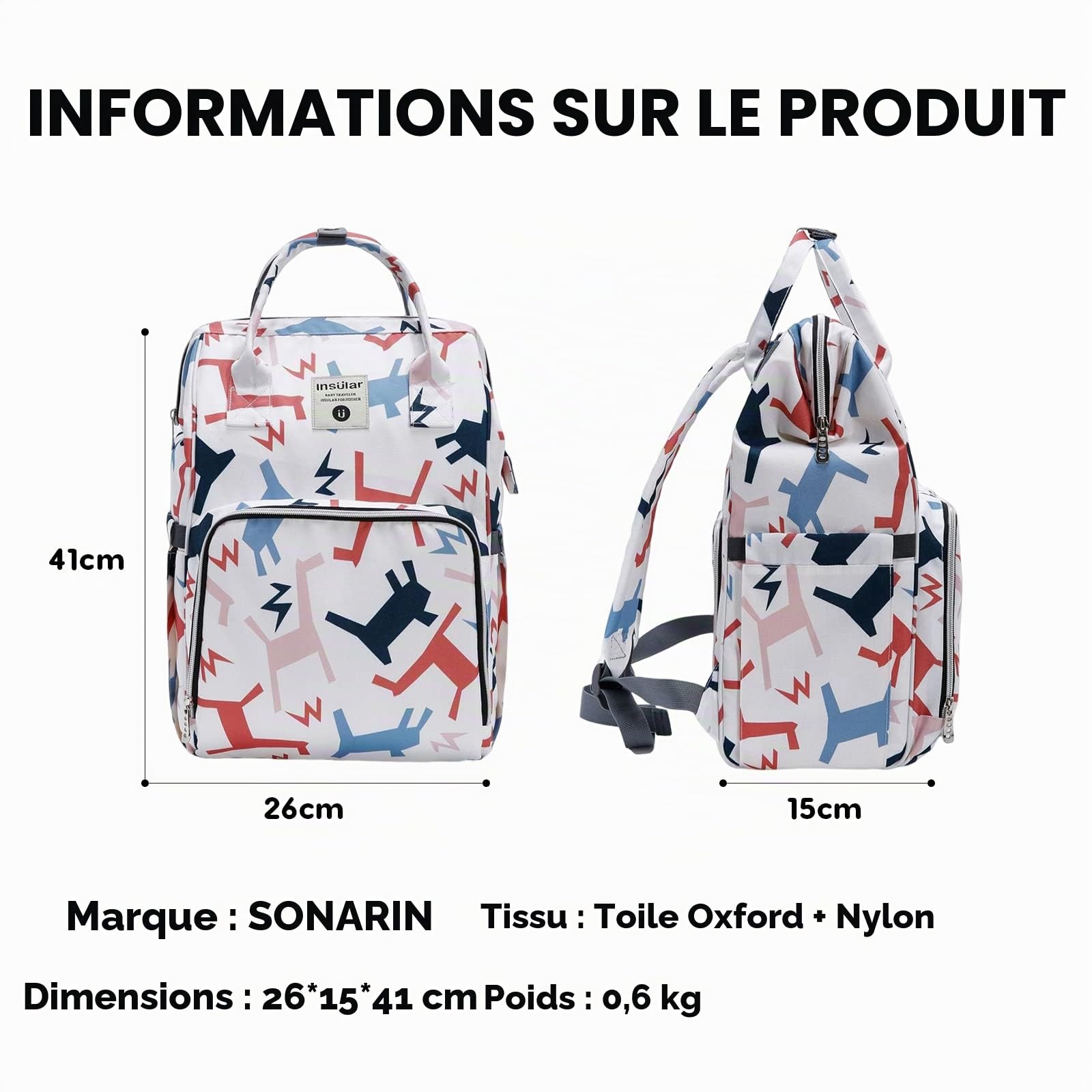 SONARIN Élégant Multifonctionnel Sacs à Dos à Langer pour Bébé,Grande Capacité Sacs à Langer Imperméable Sac à Couches de Voyage Portable avec Matelas à Langer & Crochets de Poussette(Poney)