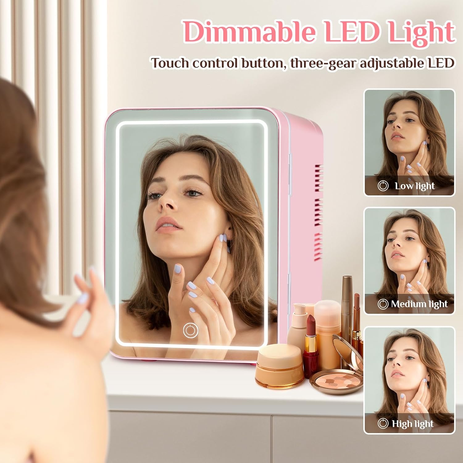 Mini Fridge for Bedroom, Skincare Fridge with Dimmable LED Light, 4l Skin Care Fridge Cooler & Warmer, Mini Fridge Skincare for Office, Car, Makeup, Dorm, Pink