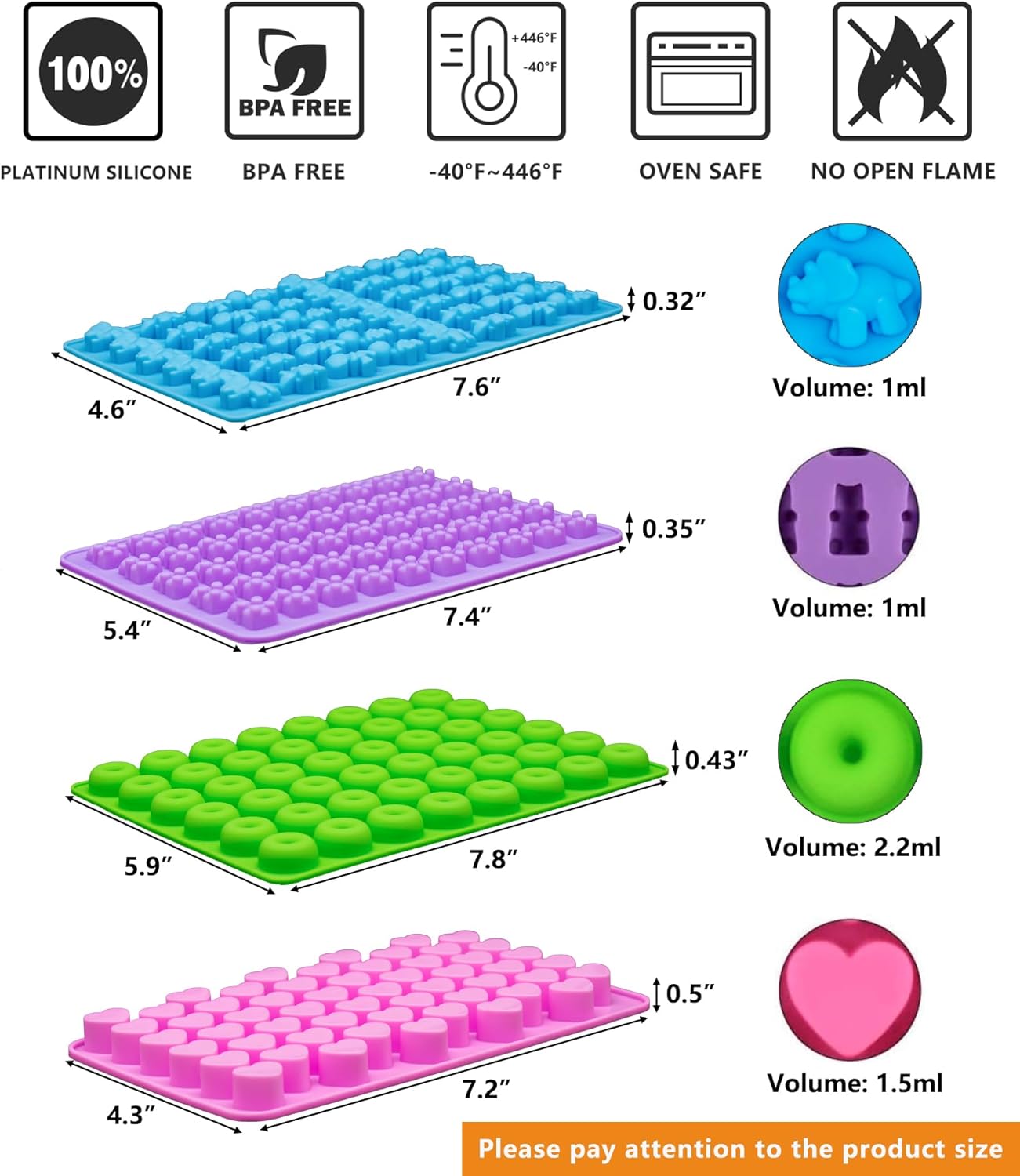 Gummy Bear Candy Molds Silicone, Gummy Molds with 2 Droppers, Non-Stick Silicone Candy Molds Including Mini Dinosaur, Bear Shape, Hearts and Mini Donut, Set of 4