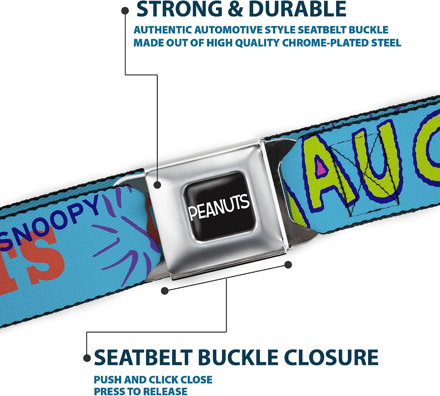 Peanuts Belt, Seatbelt Buckle Belt, Charlie Brown Snoopy and Woodstock Typography Collage Blue, Adjustable