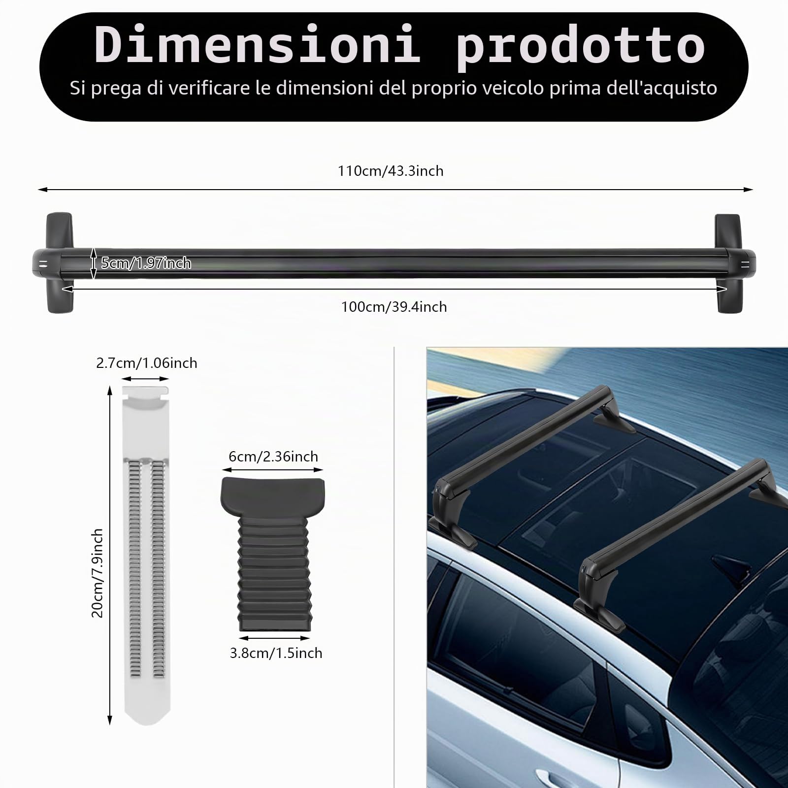 Barre portatutto universali per auto, barre trasversali tetto auto, galleria da tetto in alluminio con serratura antifurto, supporto per bagagli resistente per viaggio, campeggio, sci, trasporto, 100