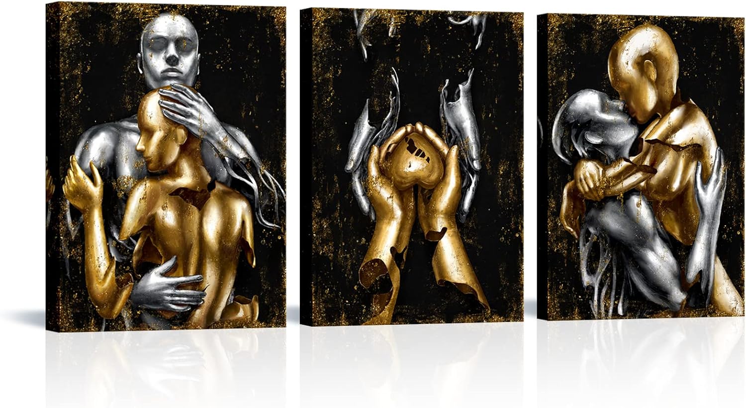 Visual Art Decor Black and Gold Love Decor Grey & Gold Hugging Couple Bedroom Wall Decor Picture Art Prints Framed Canvas Print (Black, 12x16inchx3 Pieces)