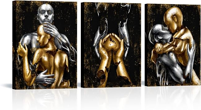 Visual Art Decor Black and Gold Love Decor Grey & Gold Hugging Couple Bedroom Wall Decor Picture Art Prints Framed Canvas Print Black, 12x16inchx3 Pieces