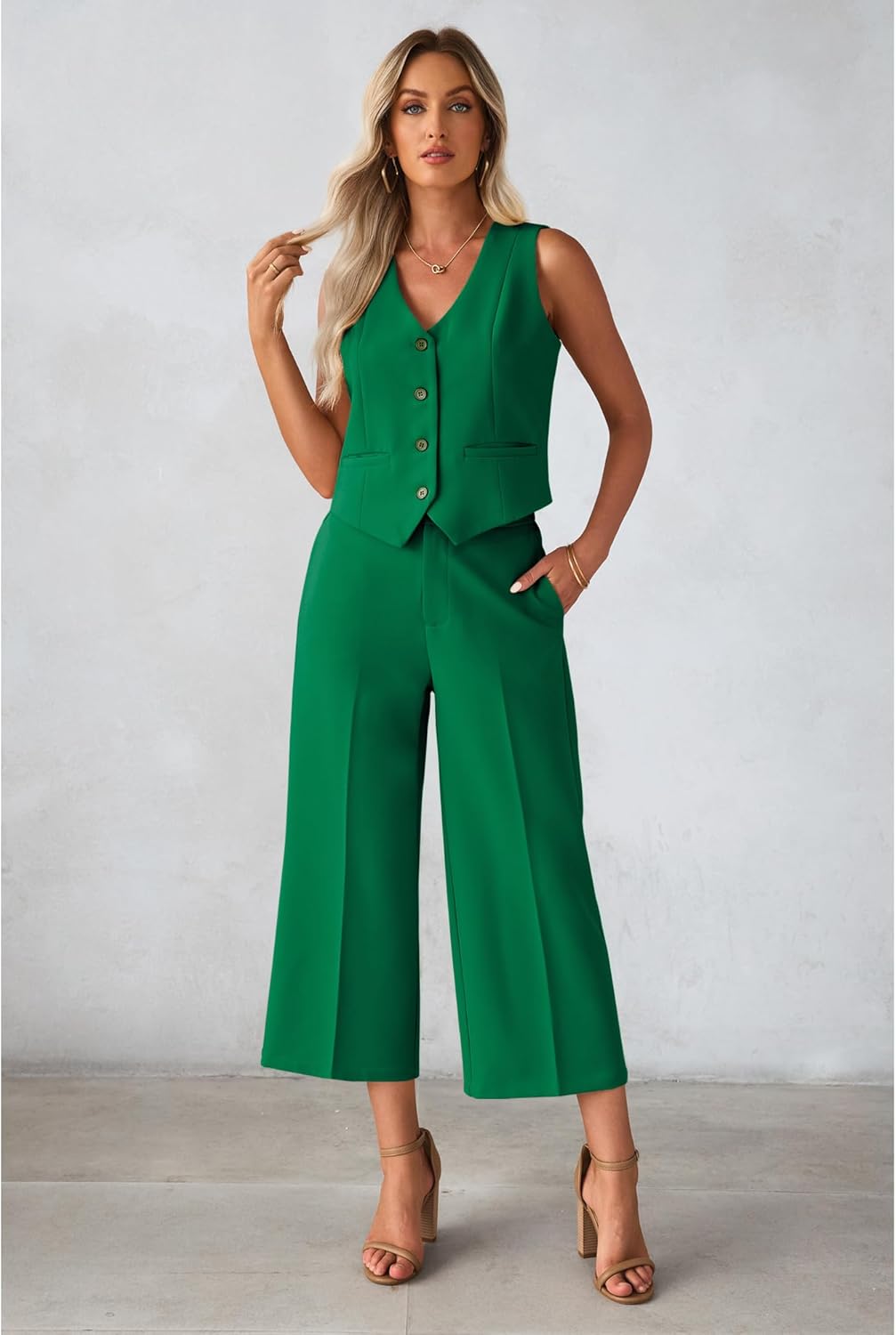 luvamia Pant Suits for Women Dressy Casual 2 Piece Sets Sleeveless Blazer Vest with Wide Leg Capri Pants Work Outfit - Image 3