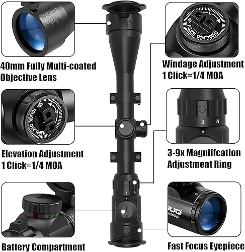 Miniatura 7 de UUQ Alcance de rifle de 3-9 × 40 con iluminación rojaverde y retícula de telémetro, se adapta a soportes libres de 0.787 in0.433 in, impermeable y a