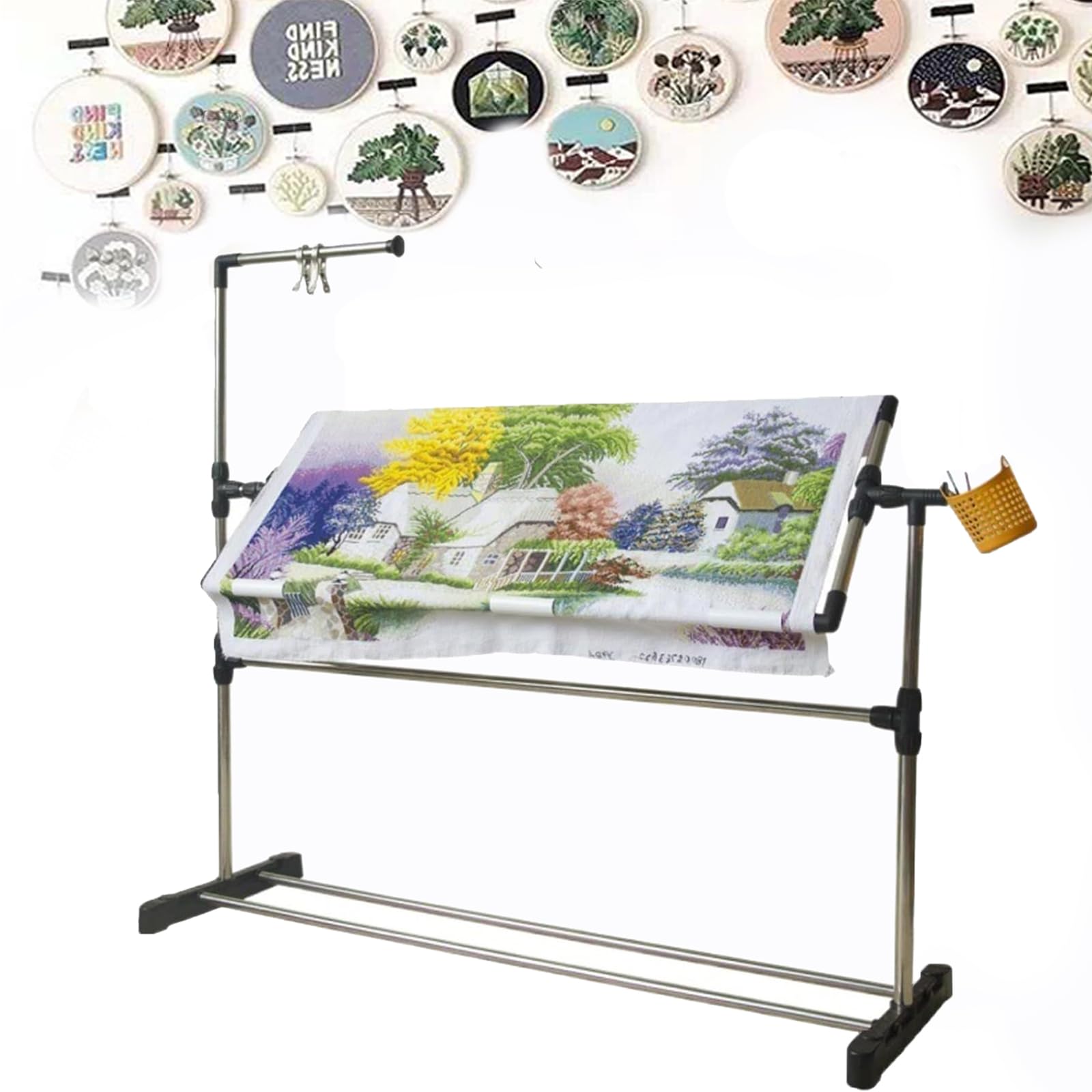 Este Bastidor de Bordado de Suelo, Soporte Ajustable para Costura de Punto de Cruz, Soporte Giratorio de 360° con polea, Mesa de Regazo de 100 cm