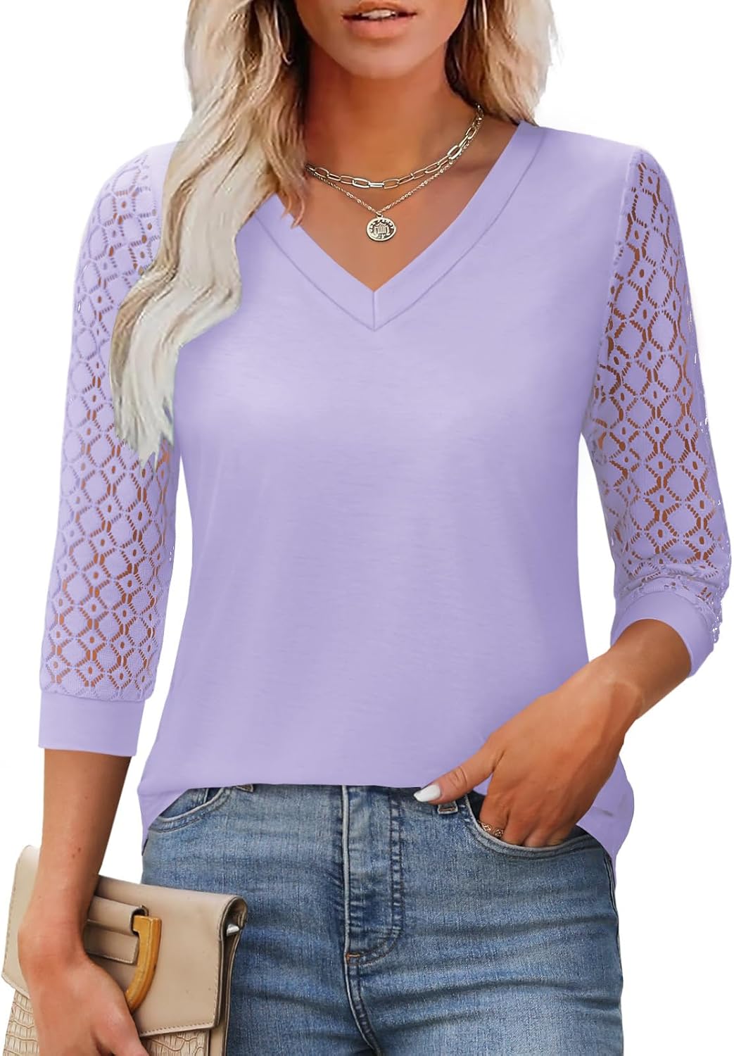 Spring Tops for Women 3/4 Sleeve V Neck Lace Blouse Dressy Casual Womens Tops S-XXL