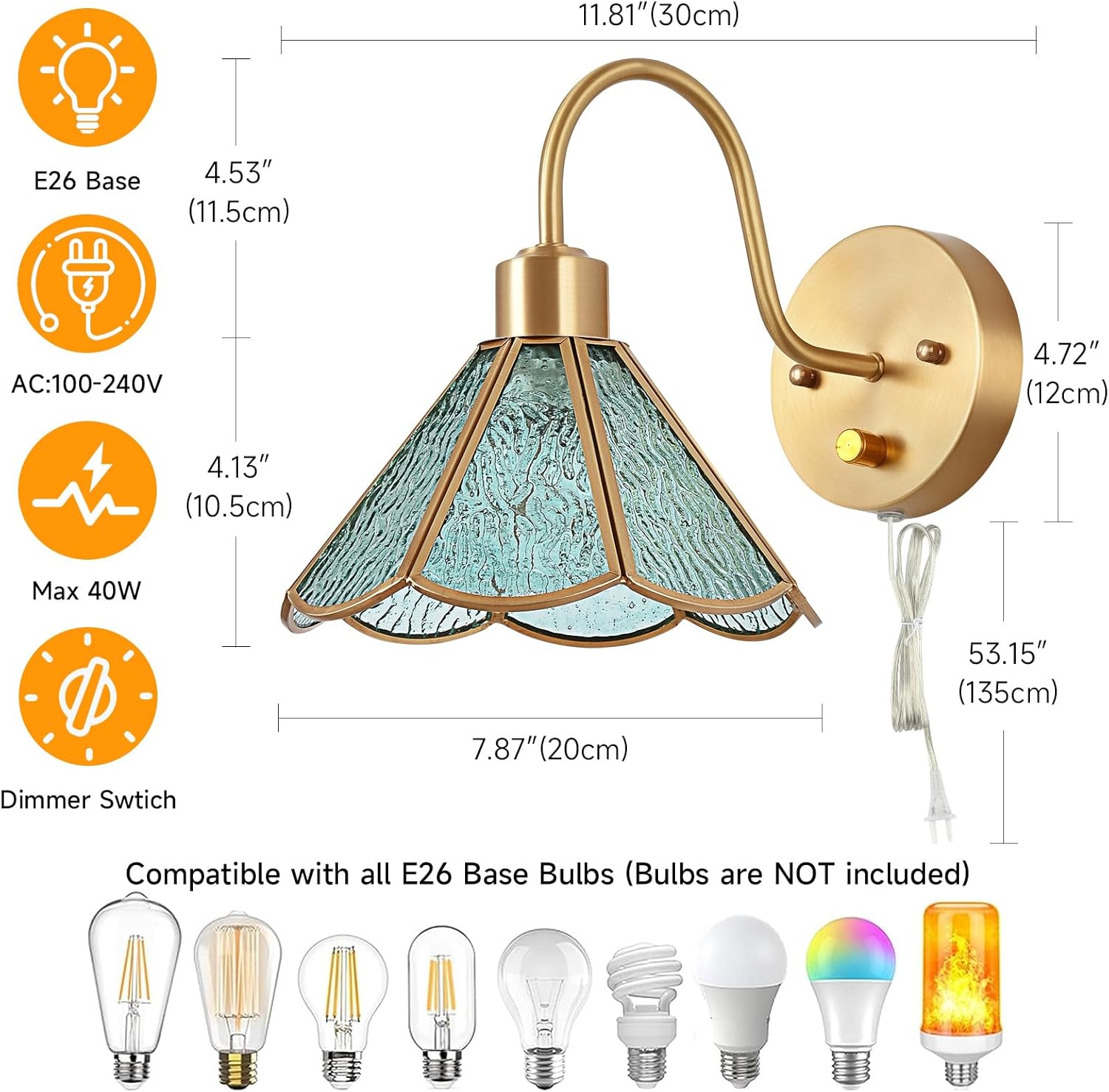 Vintage Brass Wall Sconce with Dimmable Switch, Bedside Industrial Gooseneck Wall Sconce with Plug in Cord, Sea Blue Stained Glass Shade Wall Light Perfect for Bedroom, Living Room