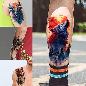 GLARYYEARS Men’s Temporary Tattoos Realistic 3D Animal Designs | 24 large waterproof fake tattoos. Painless 15-sec application for parties & cosplay. Lasts 5-7 days on arms or chest.