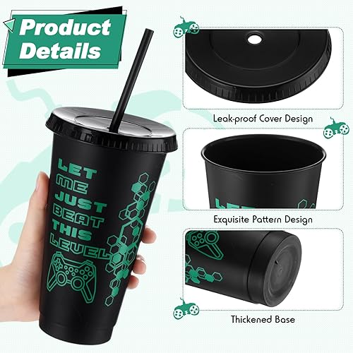 Vista 17 de Mifoci Vasos de plástico para videojuegos con tapas y pajitas, vaso reutilizable con tapa y pajita, lindo vaso de viaje para café helado, botella