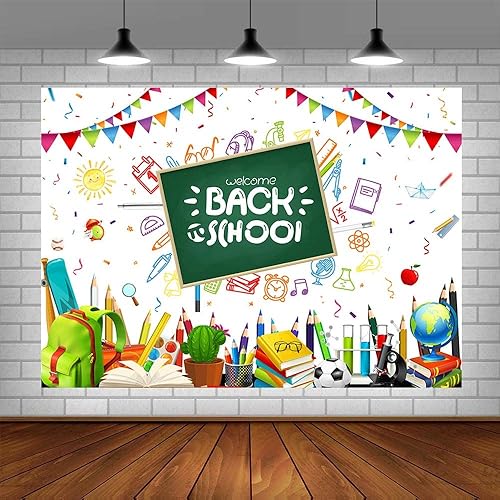 Miniatura 2 de Telón de fondo de bienvenida de regreso a la escuela, primer día de jardín de infantes, fondo blanco para fotografía de profesores y estudiantes,