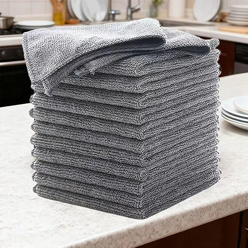12 Pcs Microfiber Cleaning Cloth Grey(10"x10"),Streak Free Cleaning Rag Towels for Washing Cars, Kitchen and Window,Cleaning Rags,Clean Towels,Home and Kitchen Essentials