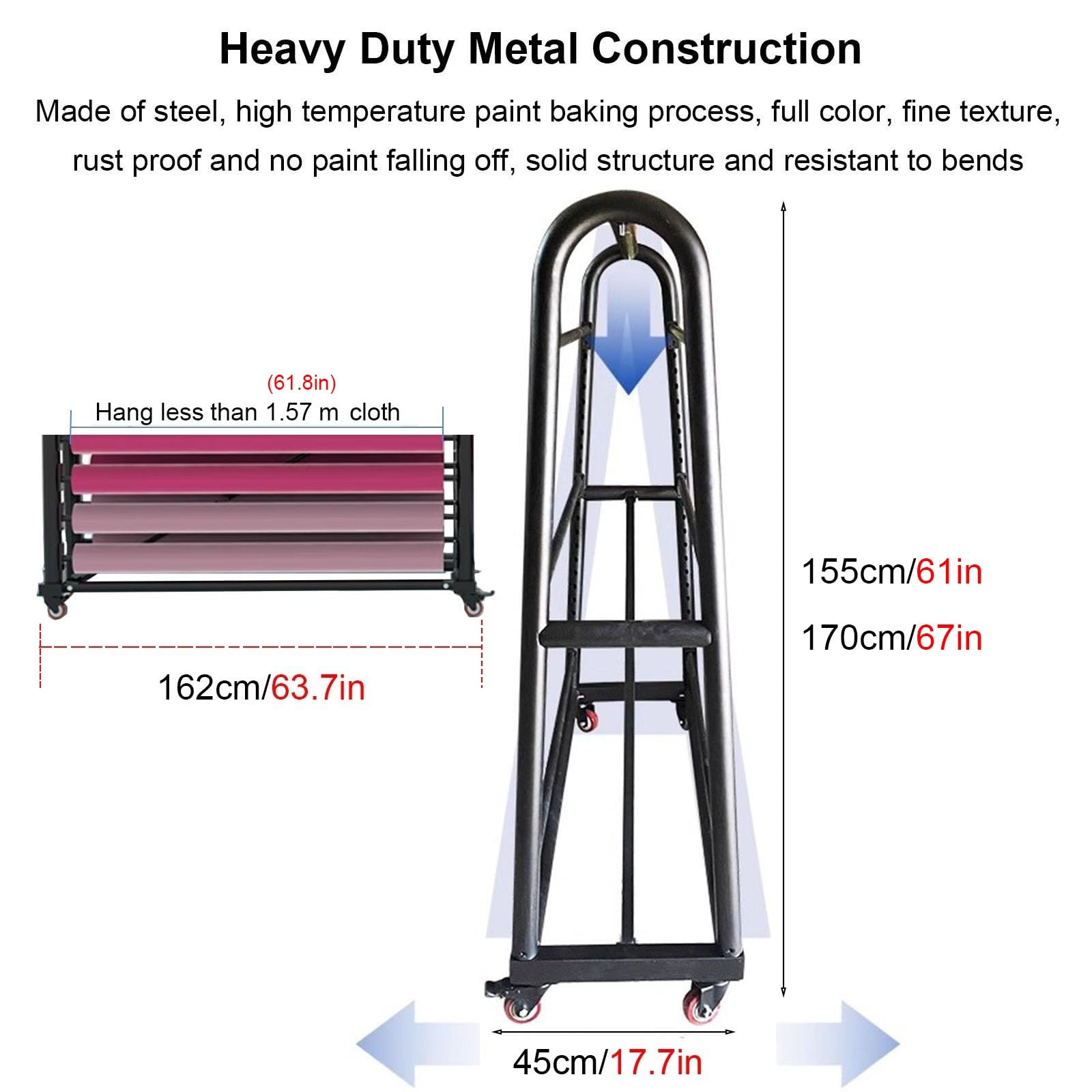 Large Hanging Display Cart for Car Color Change Film / Textile Fabric Roll, Adjustable Metal Organizer Holder with Brakeable Wheels, Commercial Tablecloth Curtain Studio Storage Rack(H-1.55m/61in,18 r