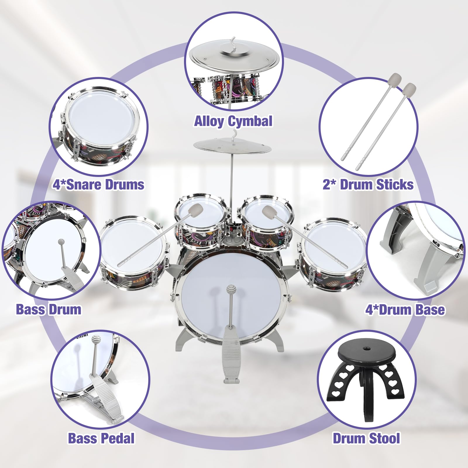 Raimy Kids Drum Set for Toddlers with 5 Piece High Drums, Mini Jazz