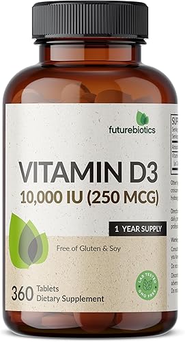 Miniatura 5 de Futurebiotics Vitamina D3 10,000iu (250 mcg) Suministro de 360 días para una función muscular saludable y apoyo inmunológico, sin OMG, 360 tabletas