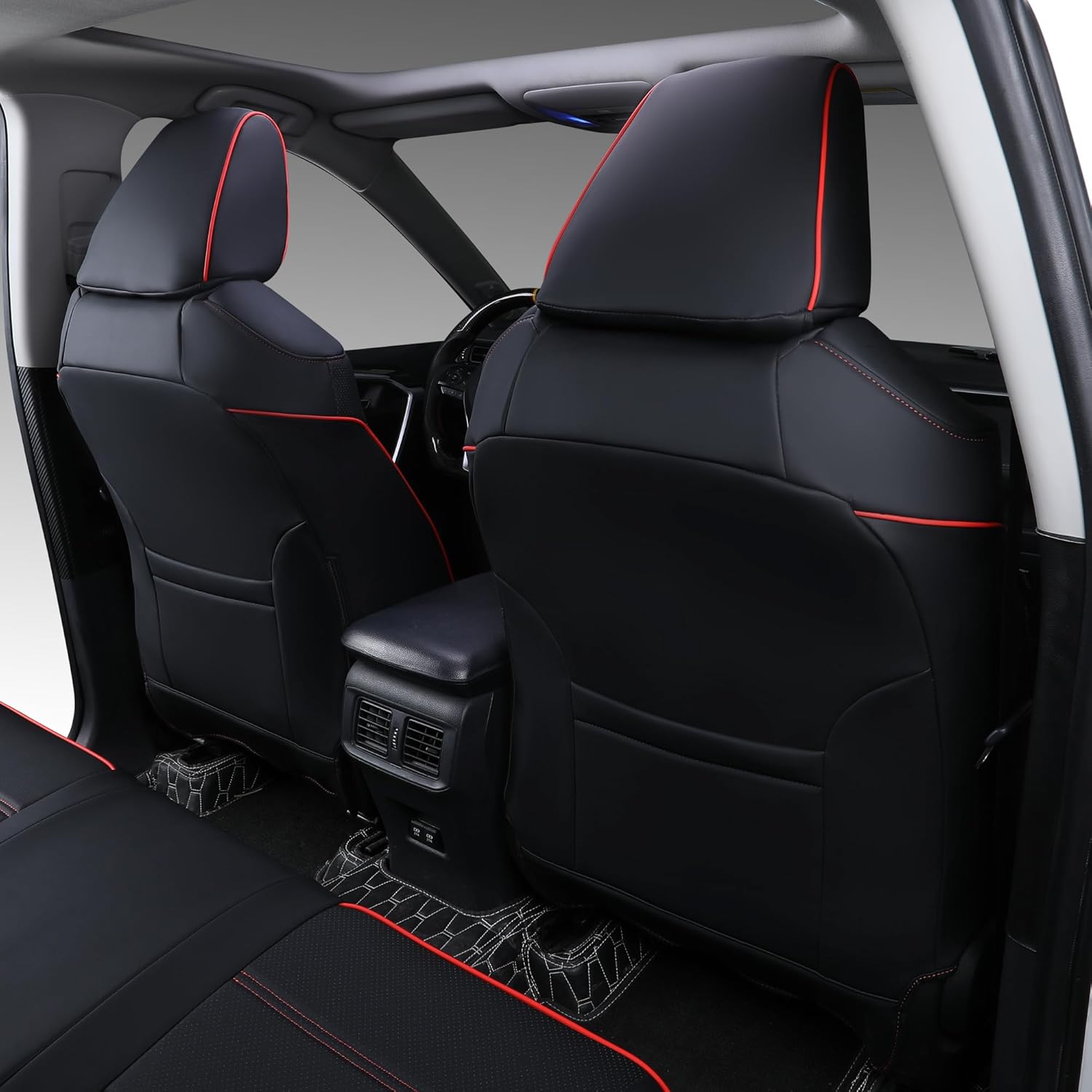 Compatible with Toyota RAV4 Seat Covers Waterproof Faux Leather Car Seat Covers Full Set for Totota RAV4 2025 2024 2023 2022 2021 2020 2019 (Black+Red Line)
