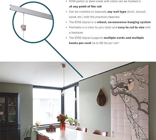 Miniatura 5 de STAS Cliprail - Juego de sistema para colgar cuadros, cubre 9.84 pies de espacio de pared, riel básico para fotos y kit de galería para colgar arte