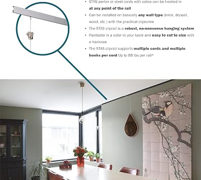 STAS Cliprail Picture Hanging System Set - Covers 9.84 ft of Wall Space - Basic Picture Rail & Art Hanging Gallery Kit (Matte Silver Rails, Includes 6 Hooks & 4 Cords)