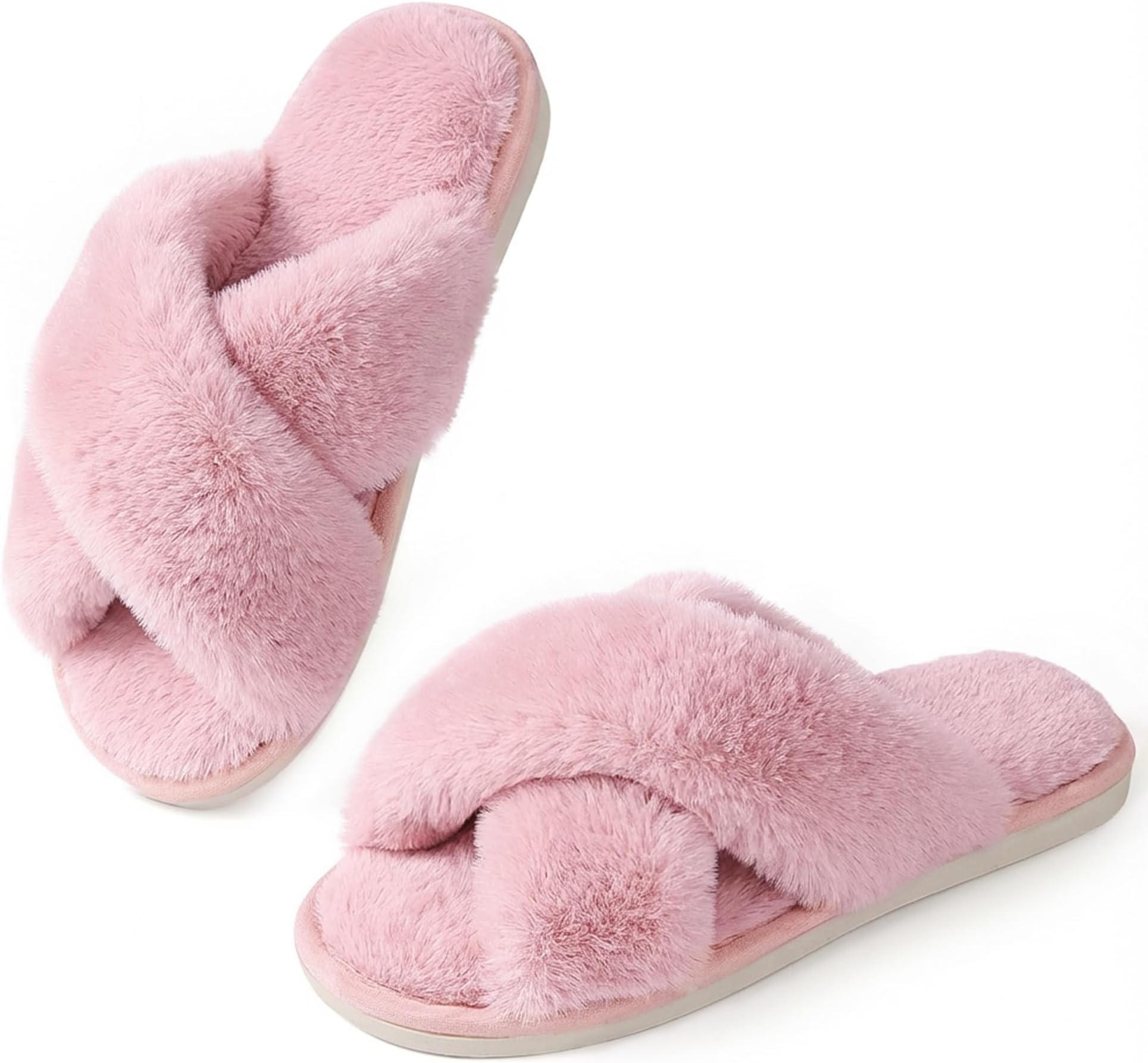 Women Slippers Fluffy Slippers Memory Foam, Cross Band Furry Open Toe Slippers Cozy Plush Home Shoes Indoor Outdoor Anti-Slide Slipper