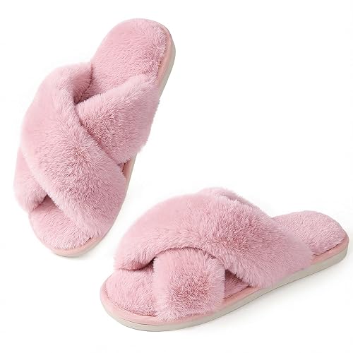 Womens Fuzzy Memory Foam Slippers - Ankis Cross Band Cozy Plush Home Slippers Fluffy Furry Open Toe House Shoes Indoor Outdoor Slide Slipper - 7-8 - Pink