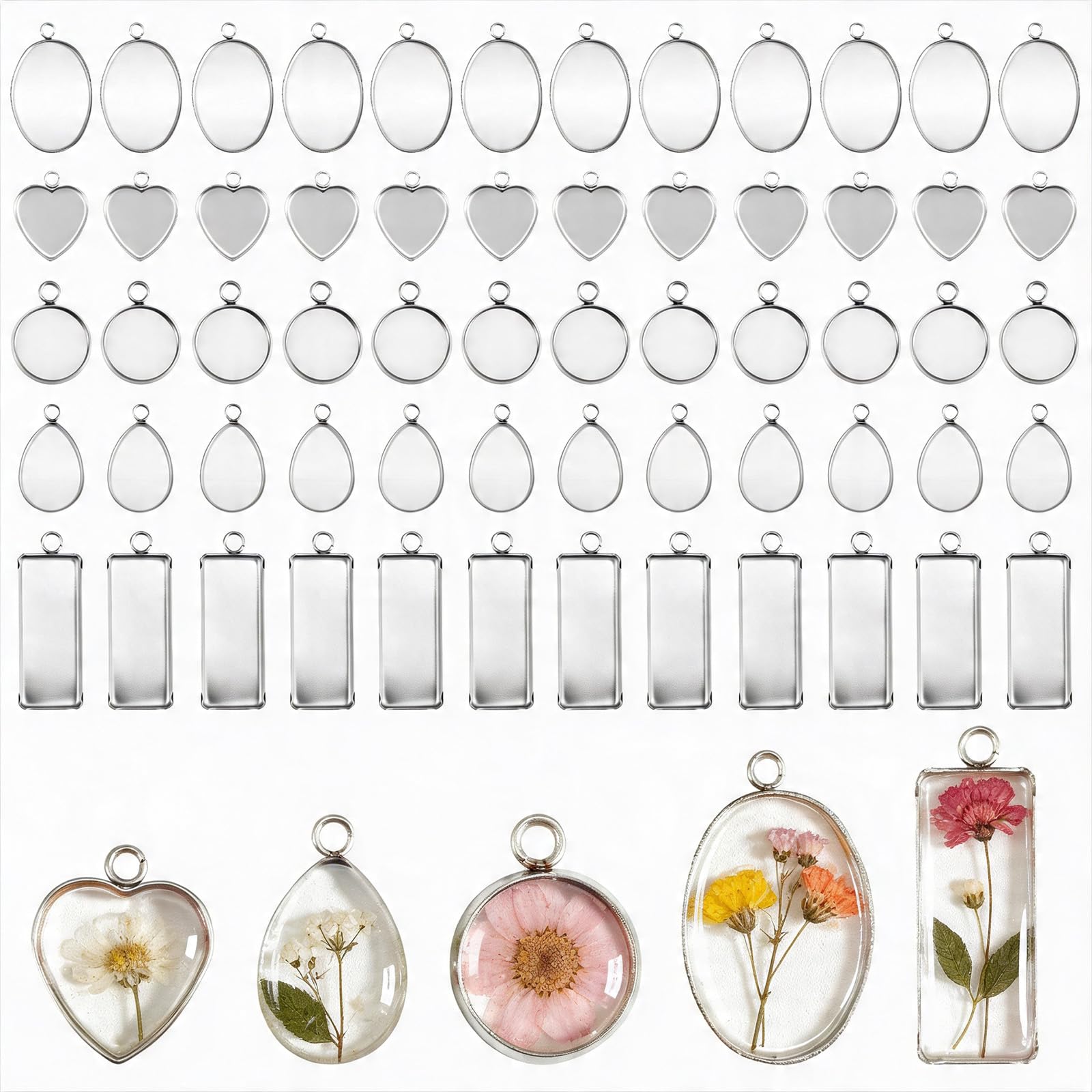 Cobee 60 Pcs Stainless Steel Pendant Trays Kit, 5 Shapes Silver Bezels for Resin Jewelry Making Flat Back Settings for Earring Pendants Cabochons DIY Crafts