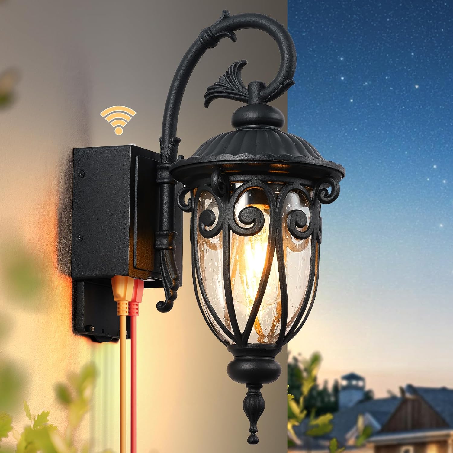 18.6" H Porch Lights with Outlet, Dusk to Dawn Outdoor Light with GFCI Outlet, Waterproof Outside Lights for House, Black Outdoor Wall Lights Wall Mount for Front Door,Garage,Backyard, E26 Base
