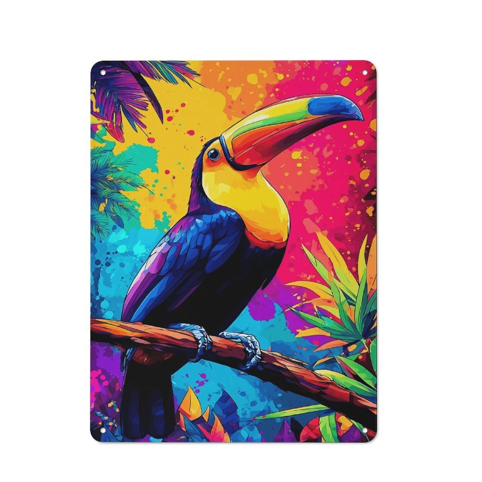 Junmoney Rainbow Toucan In Tropical Paradise -1 Tin Wall Plaque 40X30cm With For Hallway Wall, With Clear Retro Wall Decor Character