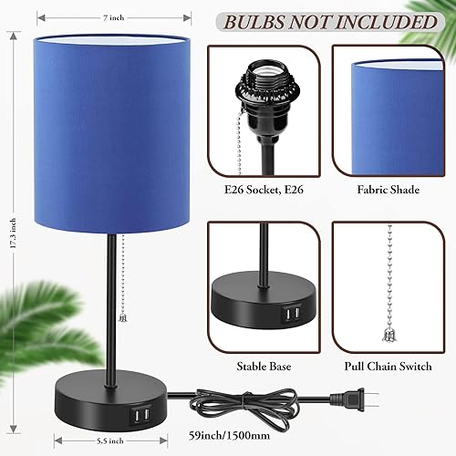 Miniatura 26 de Juego de 2 lámparas de mesa de 17.3 pulgadas con 2 salidas USB y CA, lámparas de mesita de noche para dormitorio, sala de estar, habitación