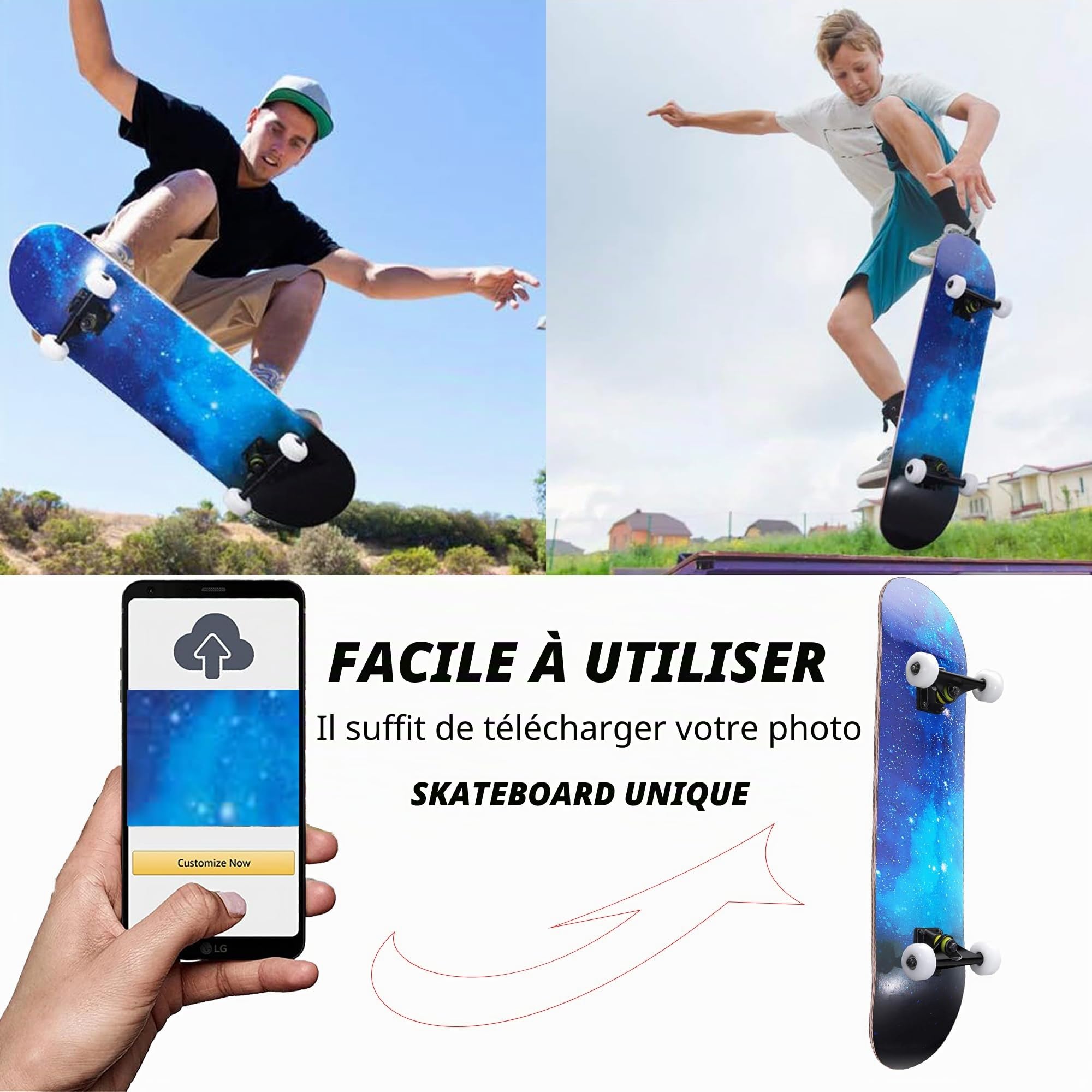 Skateboard Personnalisé 31x8 Pouces, Planche de Skate Complète en pour Débutants et Professionnels, Planche Personnalisable avec Photo/Texte