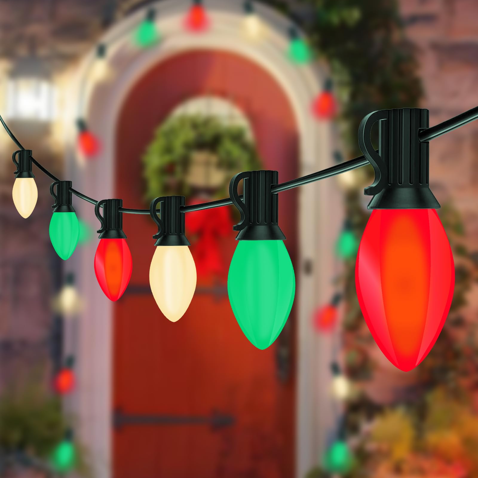 25Ft C7 LED Red White and Green Christmas Lights, Outdoor Christmas String Lights with 27 LED Bulbs, Commercial Hanging Vi...