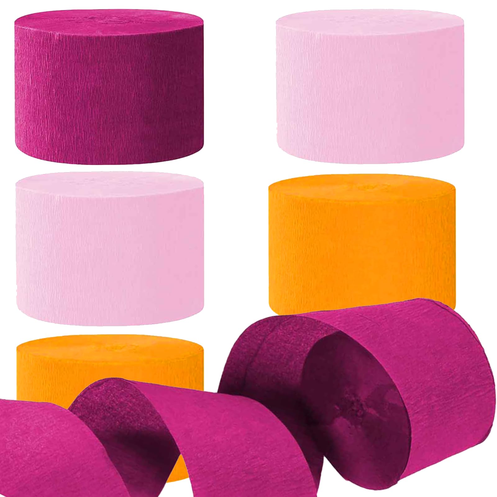 Rose Red,Light Pink and Orange Crepe Paper Streamers Party Streamer 1.8 Inch Widening 6 Rolls,Pink Orange Party Decorations Streamer 82 feet per roll for Birthday Party Decor