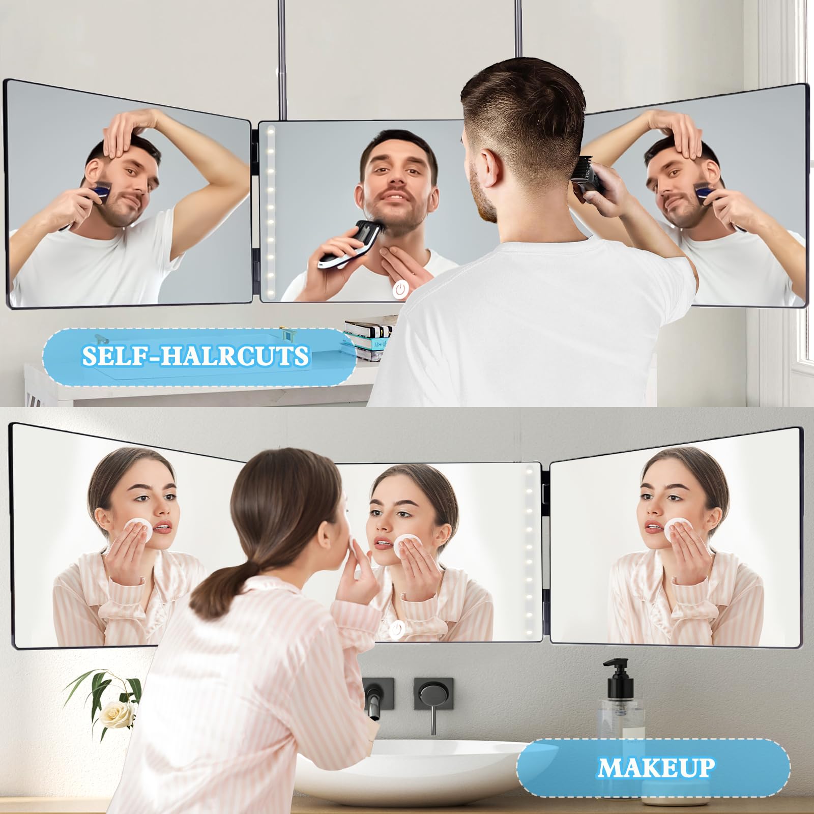Specchio da Taglio A 360 Gradi, Specchio 360 Gradi Capelli con LED, Specchio Trucco a 3 Vie, Tagliare I Capelli da Soli