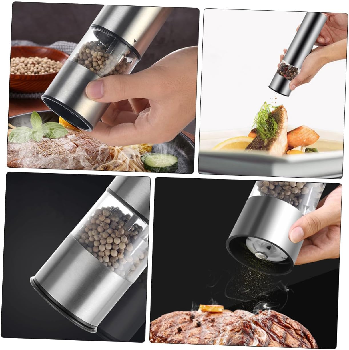 KICHOUSE 2pcs Electric Stainless Steel Pepper Grinder Set Automatic Pepper Mill with Grinding Core Easy to Operate and Easy to Clean for Kitchen Use