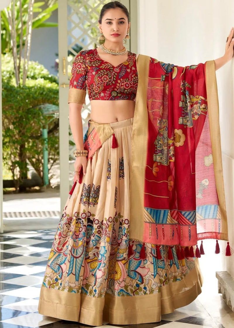 Overall Women's Kalamkari Print With Weaving Border Work Lehenga Choli Set with Dupatta For Women.