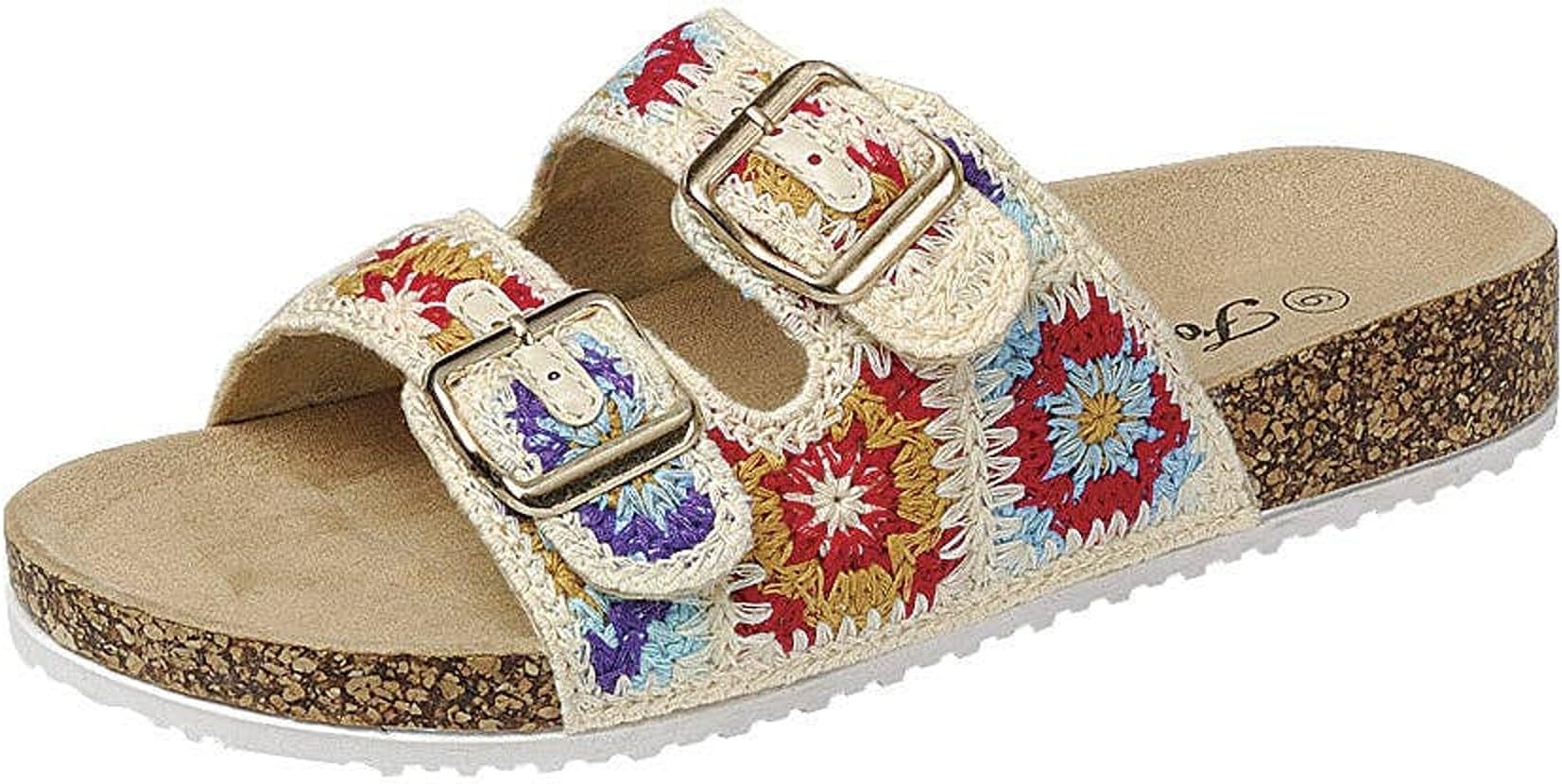 Forever LinkWomen's Double Buckle Floral Crochet Cork Flat Sandals