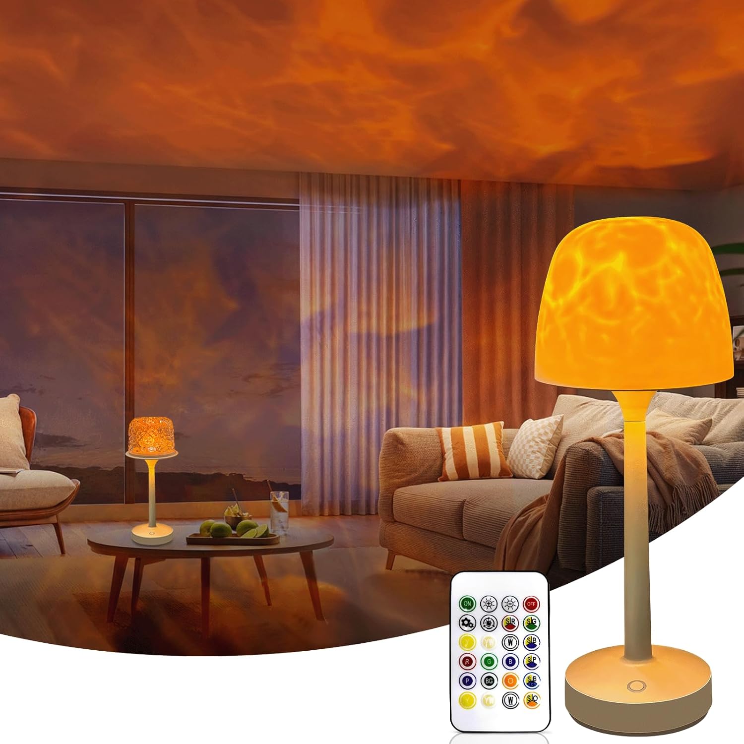 RGB Ocean Wave Projector, Rechargeable Table Lamps with Remote & Touch Control, Cordless LED Projector Light with 16 Color Changeable for Kitchen Counter Nightstand Desk Bathroom (White)