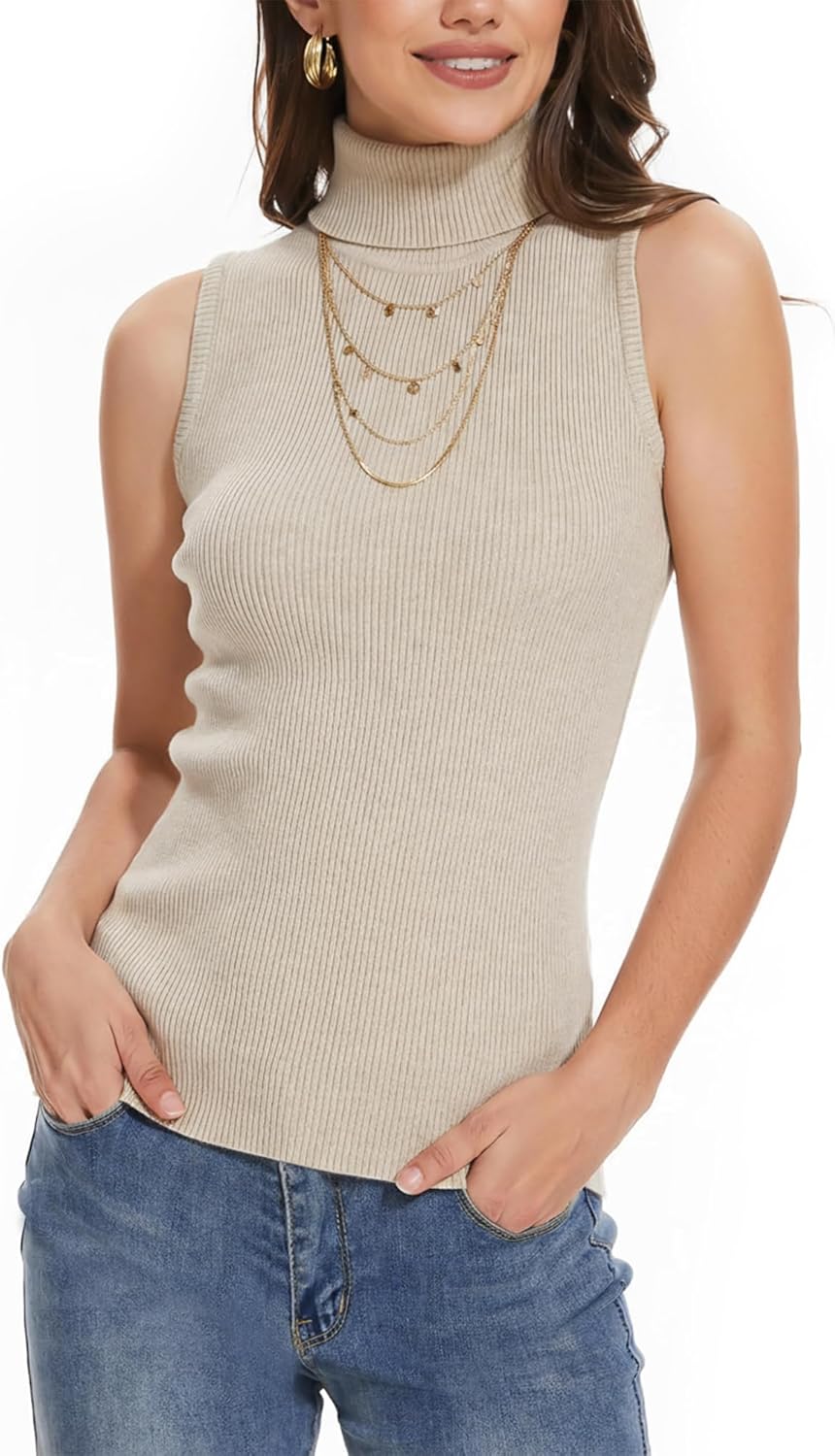 レディース ノースリーブ タートルネック リブ編み ノースリーブ セーター ベスト