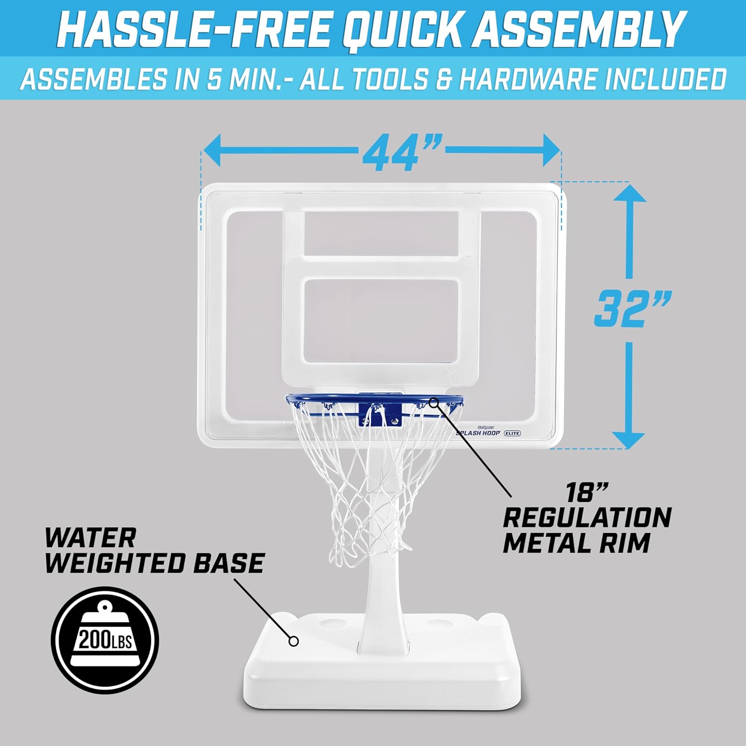 GoSports Splash Hoop Elite - Adjustable Height or Fixed Post - Pool Hoop Basketball Game with Water Weighted Base, Regulation Steel Rim and 2 Pool Basketballs
