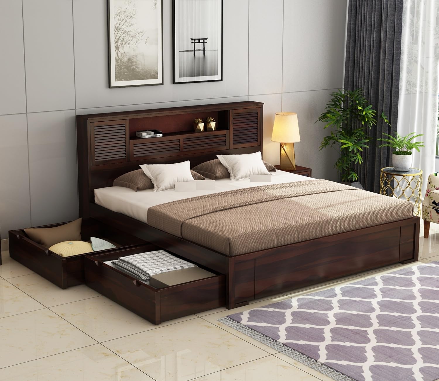 BHAGWANT Rosewood (Sheesham) King Size Bed WithDrawer | Walnut Finish DIY Bed with Open & Closed Storage (109.22x220.98x190.5 Cm)