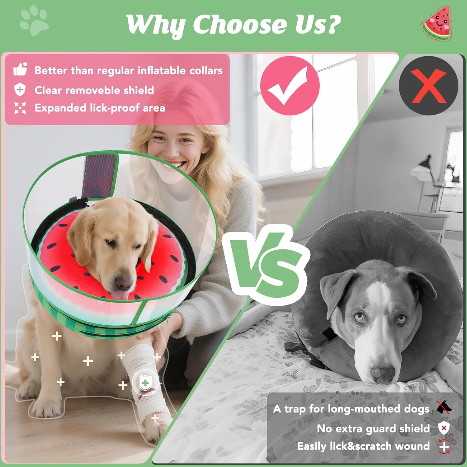 Inflatable Dog Cone with Anti-Licking Clear Shield, Protective Dog Donut Collar After Surgery, Adjustable Soft Recovery Cone for Pets, Alternative Collar with Buckle Strap (Watermelon, L)