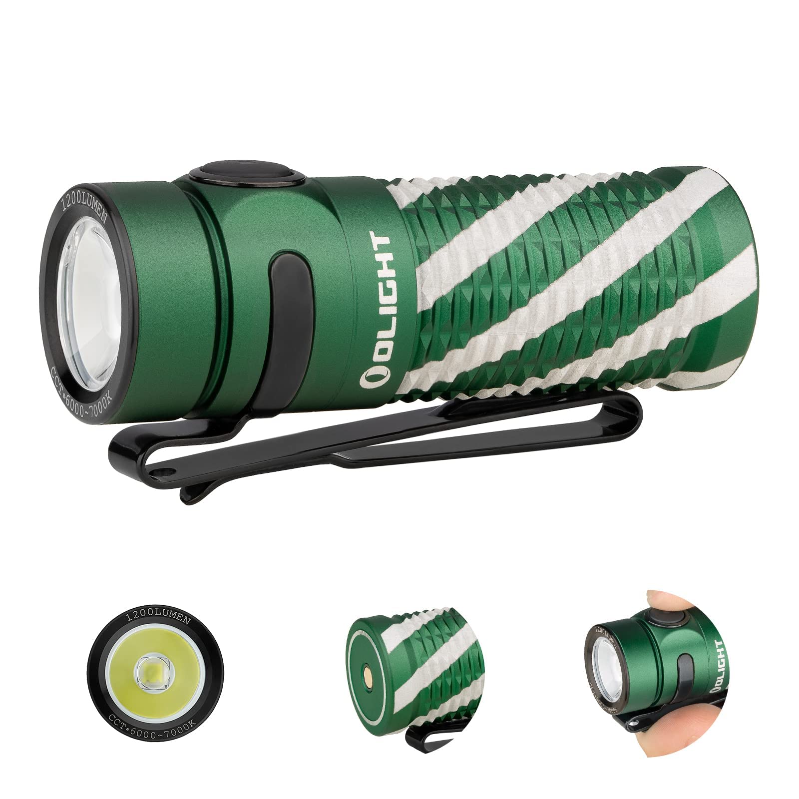 OLIGHT Baton 3 Small Flashlight Rechargeable, Compact Torch Light Strong Magnet, Powerful Pocket Flashlight wiith Lanyard, Pocket-clip,mini Light for Emergency, Outdoor, Home(Christmas Green)