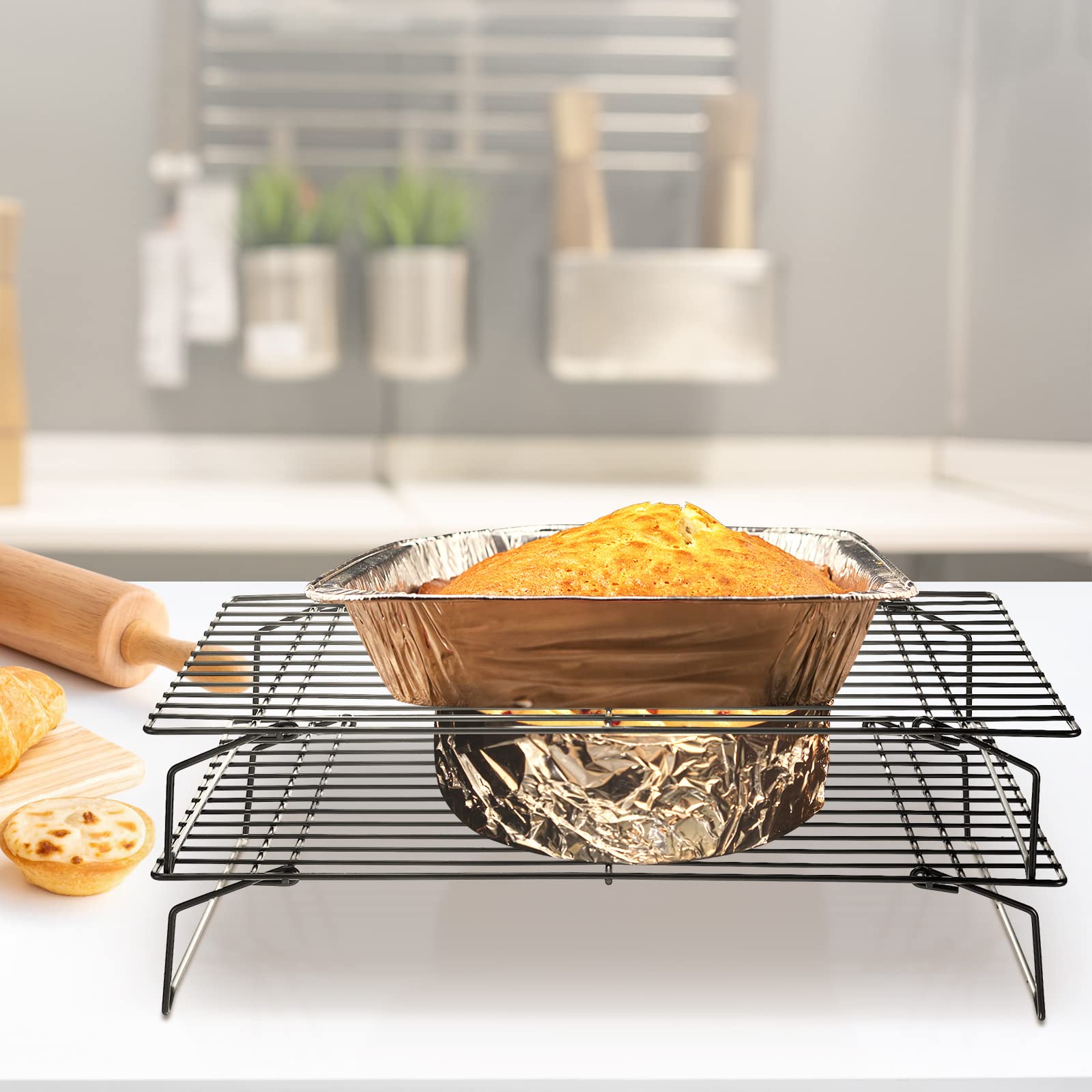Juego de 2 estantes de enfriamiento de 4 niveles, apilables, de acero inoxidable, para cocinar, hornear, enfriar, asar pasteles de galletas, 16 x 10 pulgadas 6