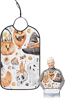 BOBOWUNY Happy Halloween Adult Bibs for Elder Women Men Eating, Pumpkin Balloon Skeleton Ghost Waterproof & Washable Bibs for Eating Clothing Protector Dining Bibs for Crumb Catcher