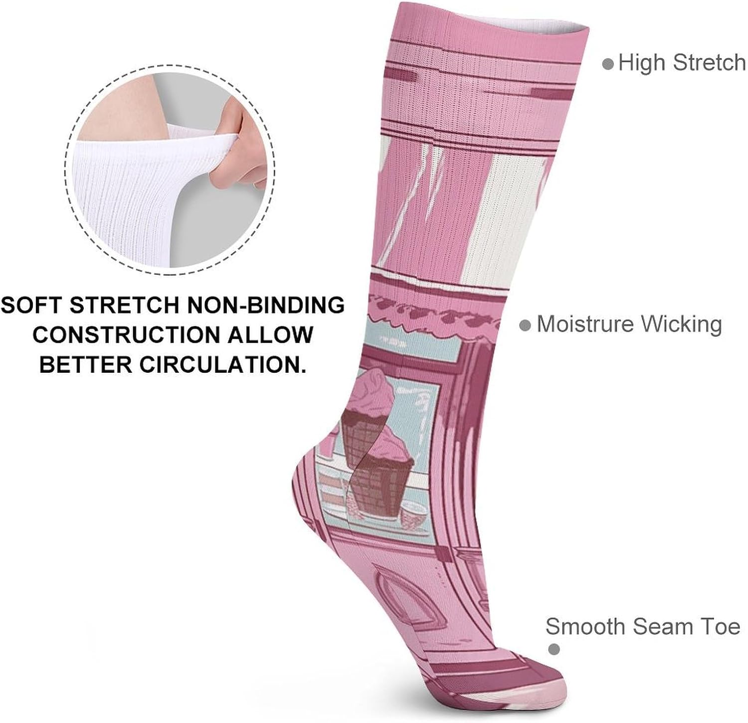 Breathable Crew Sock, Moisture Wicking, Athletic Calf Socks, Cozy | Ice Cream Store Pink Compression Socks for Women Men, Lightweight High Work Socks for Business, Casual