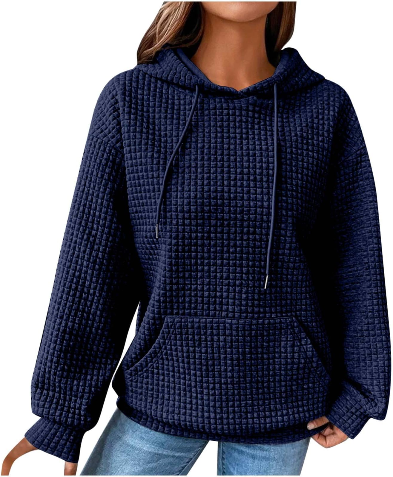 Acrelis Womens Waffle Hoodie 2023 Solid Long Sleeve Pullover Tops Drawstring Casual Basic Hooded Sweatshirt with Pockets